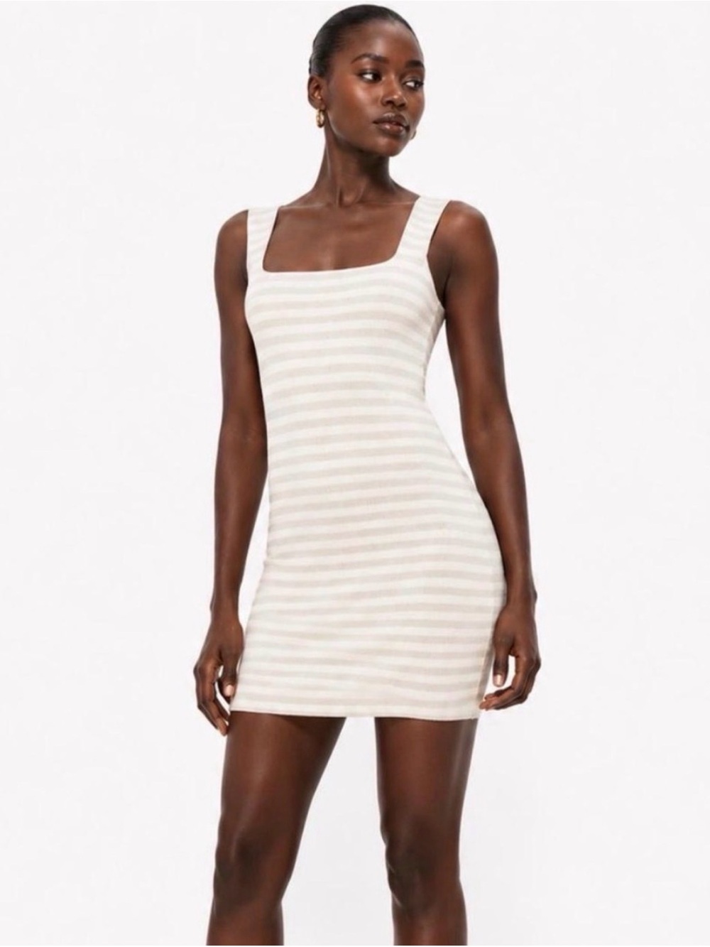 Zara Cream and White Striped Square-Neck Mini Knit Dress Coastal Vacation Size L